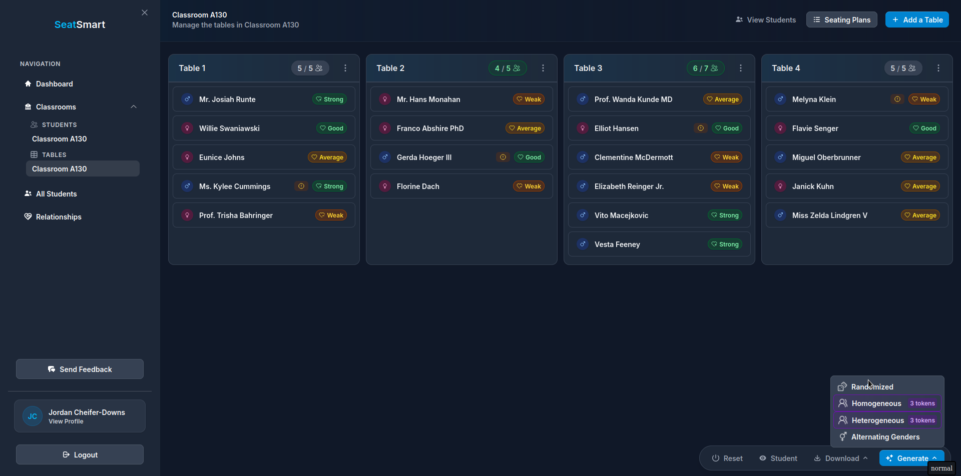 SeatSmart application interface showing classroom layout with optimized student seating arrangement, highlighting intelligent algorithmic placement with AI features based on student relationships and learning needs