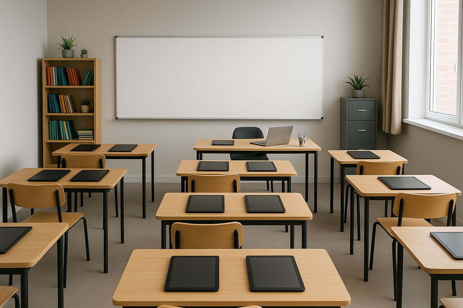Modern classroom with organized student desks and collaborative learning environment